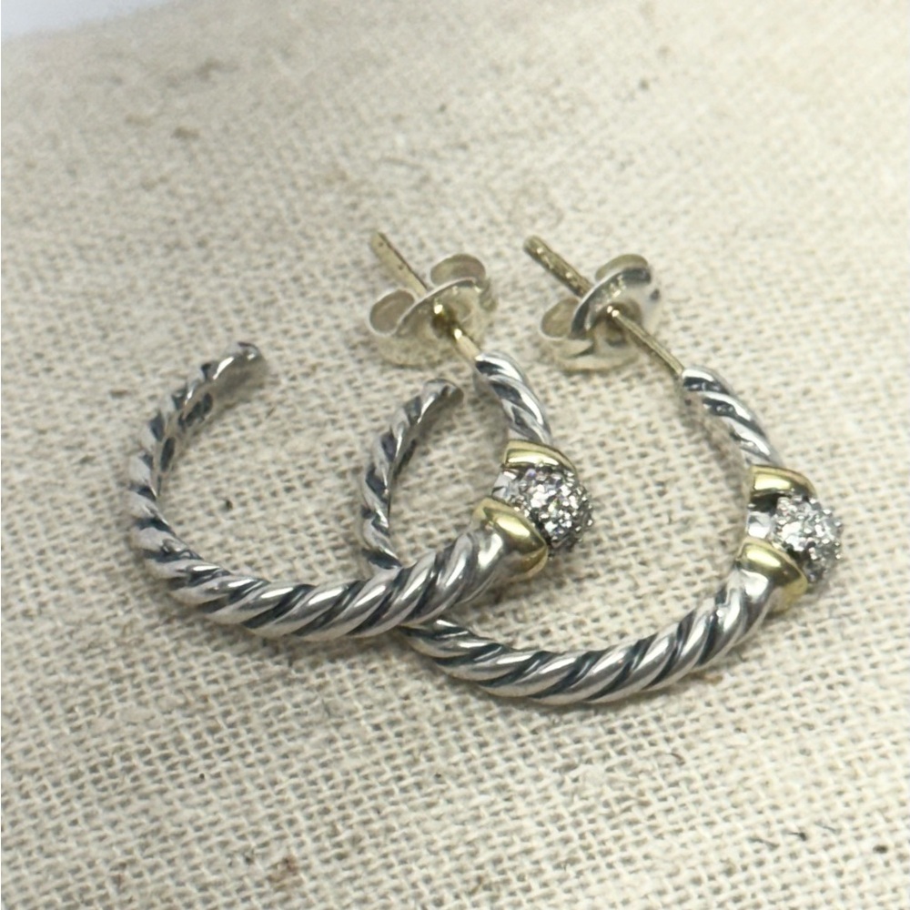David Yurman Petite Diamond Ball Semi Hoop Earrings .925 / 18K Gold - Picture 2 of 11